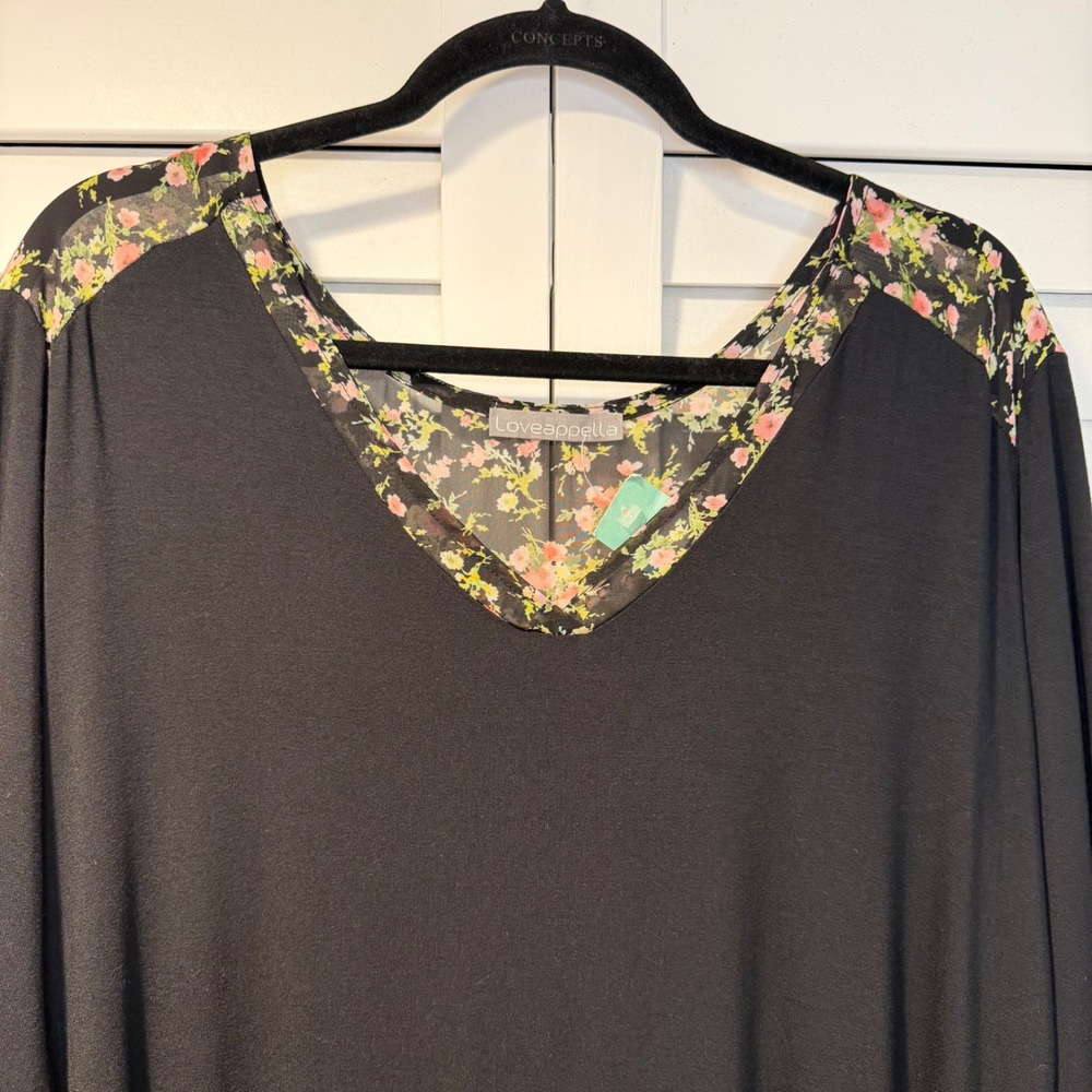 Loveappella‎ Darbi V-Neck Mixed Material Knit Contrast Tunic Top Black Floral XL - Picture 2 of 16